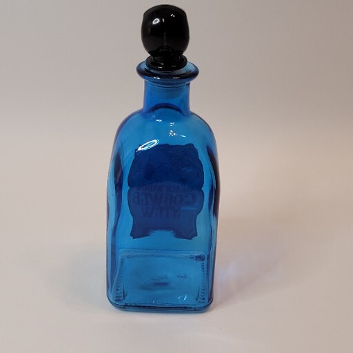 Halloween Blue Glass Bottle Black Skull Stopper "Cob Web Stew" Spider Webs 7"