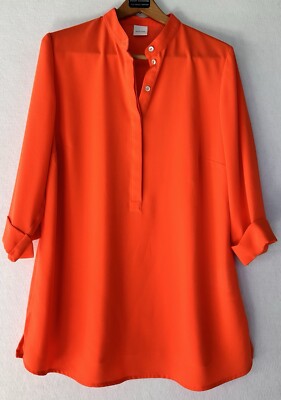 MADELEINE Orange Top Blouse Shirt Sz 14 V Neck 3/4 Cuffed Sleeve Office Colorful