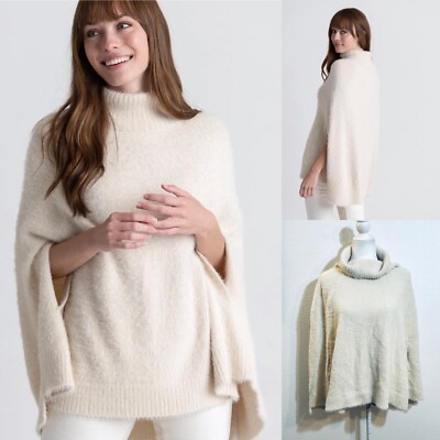 Mersea Ivory Iced Latte Chalet Turtleneck Fuzzy Knit Poncho Wm OS Cozy Pullover