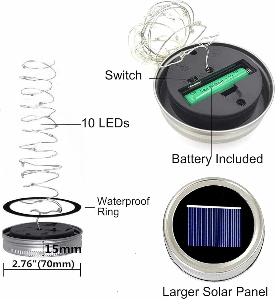 6 Pack Mason Jar Lights 10 LED Solar Warm White Fairy String Lights Lids Insert - Image 3 of 4