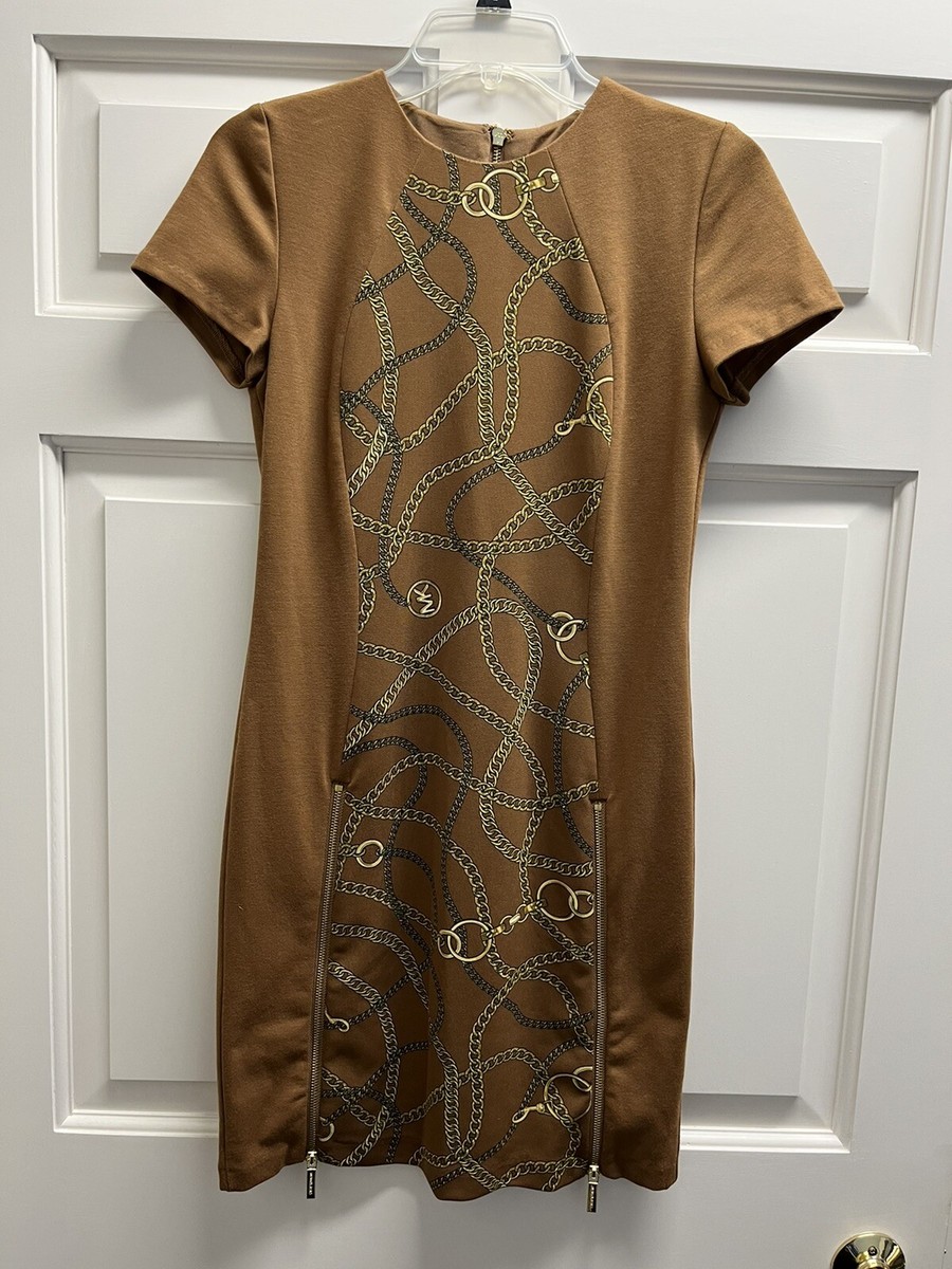 Michael Kors Dress Size 4 Light Brown Chain Print w/Exposed Gold Zippers EUC Michael Kors Dress Size 4 Light Brown Chain Print w/Exposed Gold Zippers EUC