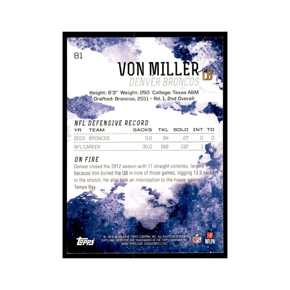 2014 Topps Fire Von Miller Football Cards #81 - Image 2 of 3