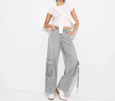 Women's Mid-Rise Wide Leg Cargo Baggy Pants Size 4 GRAY WASH - NEW  