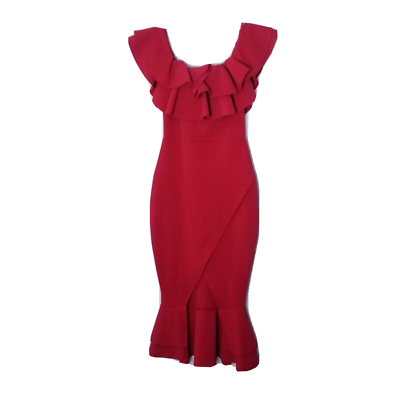 Nasty Gal Red Dress Women 2 Ruffle Off Shoulder Midi Front Slit Bardot Bodycon