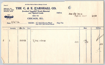 C. & E. Marshall Co. Jewelers' Supplies Chicago 1924 Billhead Leys* (#2)