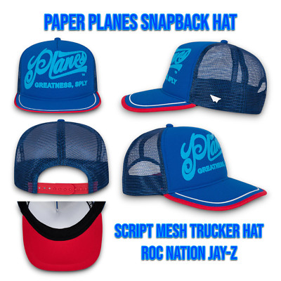PAPER PLANES SCRIPT MESH TRUCKER SNAPBACK HAT Cap Roc Nation Jay-Z Blue _ A3