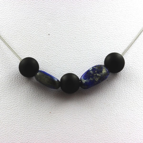 Steine Und MinéRaux. Halskette Perlen Schwarz Onyx Matt 8 MM + Lapislazuli Aus-image