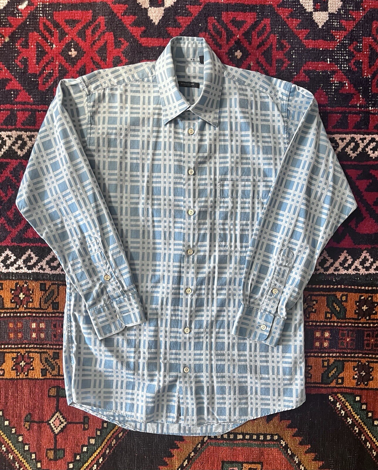 Burberry Mens Mono Check Pattern Shirt Collared Button Up Blue Made in USA Sz. M