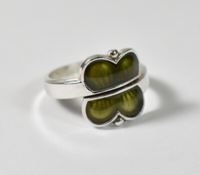 Aksel Holmsen Norway Sterling Guilloche Moss Green Enamel Butterfly Ring 3 Grams
