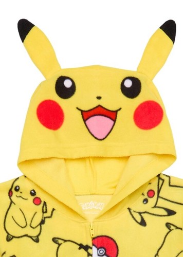 Pokemon Pikachu Hoodie Union Suit One Piece Pajamas 4-5, 8, 10-12, 14-16 Boys - Picture 2 of 3