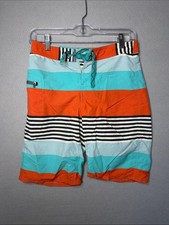 Patagonia Orange, Teal Light Blue Striped Kids Swim Trunks