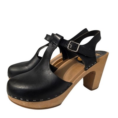 Toffel Swedish Hasbeens Black Leather T Strap Clog Heels EU 36 Slingback Shoes
