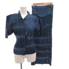 PLEATS PLEASE ISSEY MIYAKE Blue Denim Print Set Up Skirt Suit Size 5 Japan