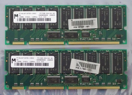 Set 2x Micron MT18LSDT1672G-133C2 128MB 256MB PC133 CL3 168-pin DIMM ECC SDRAM