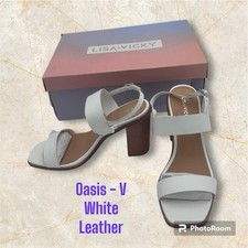 Lisa Vicky Oasis-V Slingback Ankle Straps Block Heels White Leather Sandals 8M