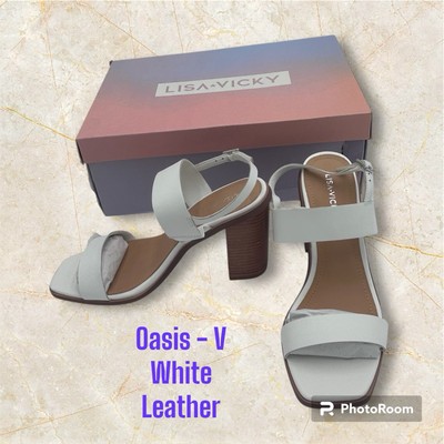 Lisa Vicky Oasis-V Slingback Ankle Straps Block Heels White Leather Sandals  8M