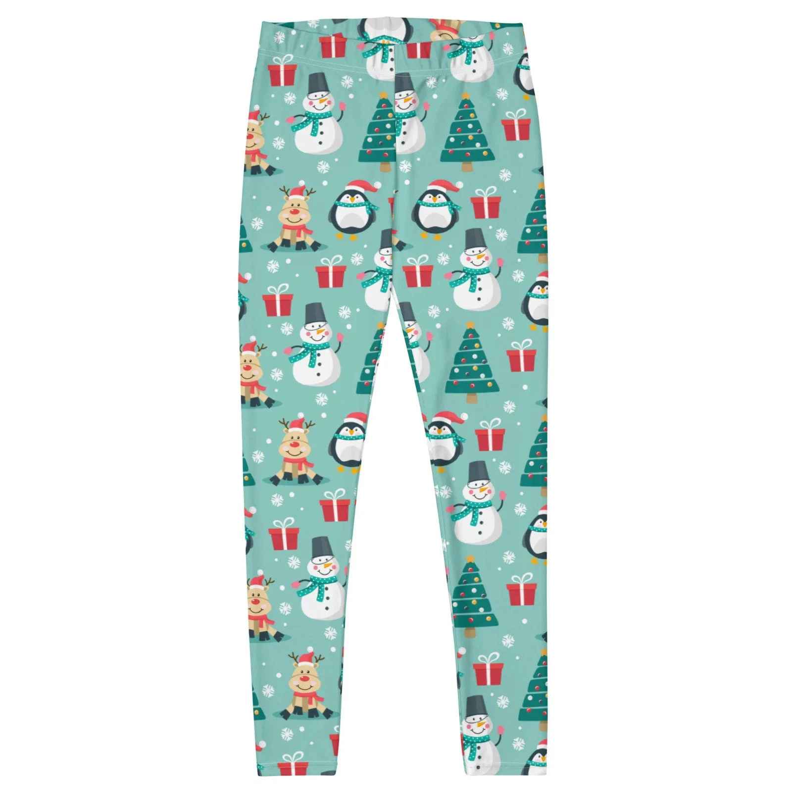 Christmas Penguin Leggings, Snow Man Deer Tree Xmas Printed Yoga Pants Cute