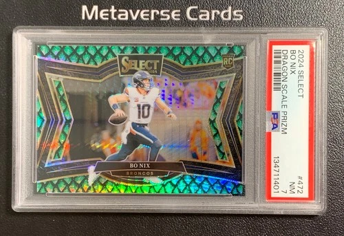 2024 Panini Select Bo Nix Field Level RC Rookie Dragon Scale Prizm /70 PSA 7