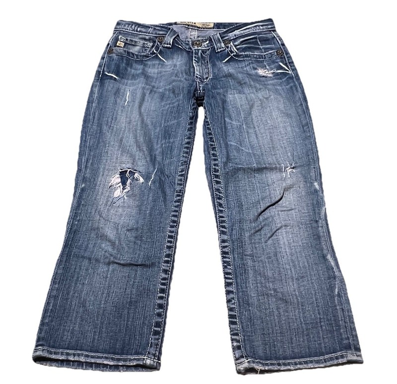 Big Star Maddie Mid Rise Fit Stretch Crop Destroyed Blue Jeans Women’s 26