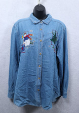 VTG Bobbie Brooks Denim Button-down Christmas Shirt Women's Large Long-sleeve