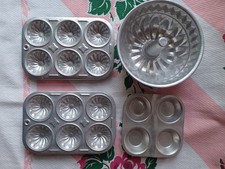 Set of 4 Vintage Doll Kitchen Toys Play Aluminum 3 Muffin Tins 1 Bundt Pan