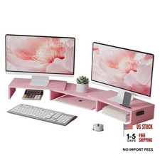 Dual Monitor Stand Riser with Smartphone Holder, Adjustable Length Pink