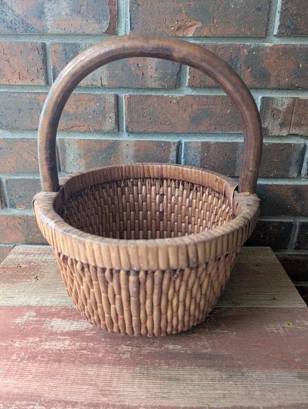 Antique Chinese Hand Woven Willow Basket Thick Round Handle 10-1/4" X 10" O.D.