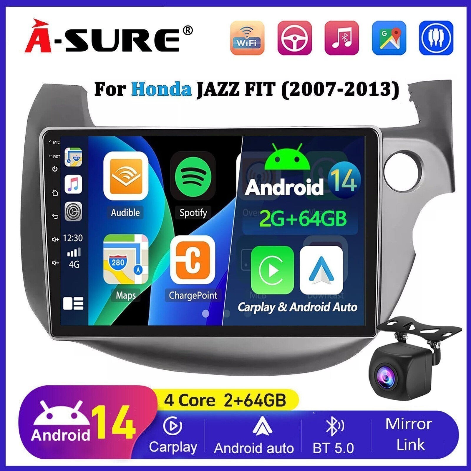 64G Car Stereo For Honda JAZZ/FIT 2007-2013 Android 14 Radio BT GPS CarPlay +CAM