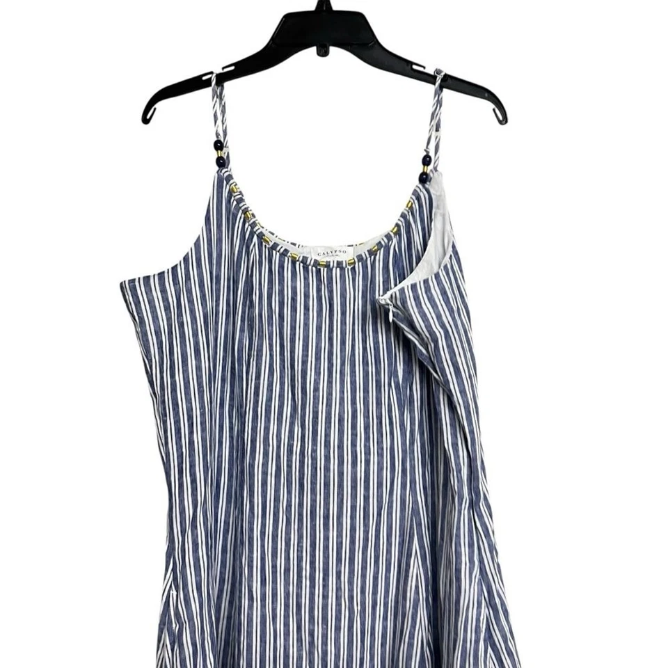 Maxi Vestido Calypso St Barth Rayas Cuentas Mezcla de Lino Sin Mangas Foto 2 de 4