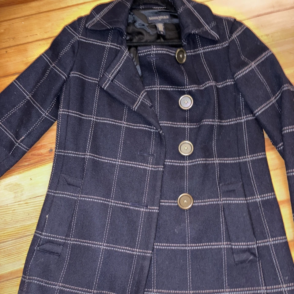 Abrigo Y2K Banana Republic Lana a Cuadros Guisante Talla XS Azul Marino Chaqueta de Diseñador Con Botones Foto 2 de 3