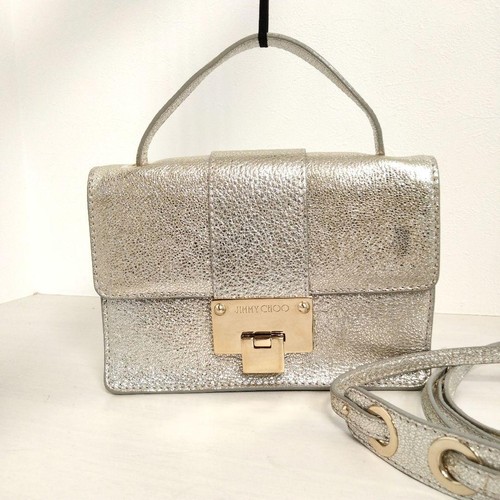 Jimmy Choo Silver Metallic Leather 2Way Shoulder Bag Crossbody Handbag Gold Logo