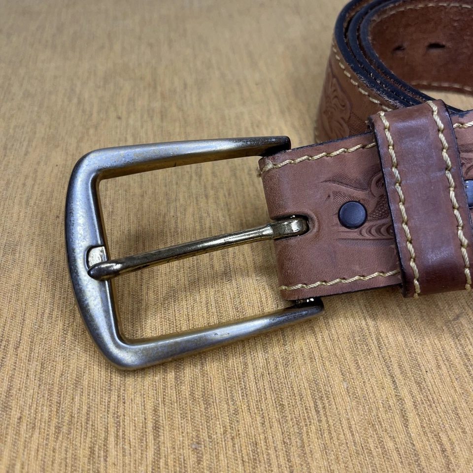 Cinturón Occidental Vintage Sears Genuino Grano Superior CUERO MECANIZADO EE. UU. 42 Flores Marrones Foto 4 de 4