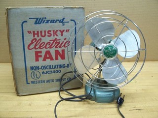 Vintage NOS 8" Wizard Husky Electric Fan Western Auto Table Wall Mount Retro MCM