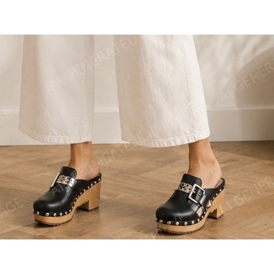 Lisa Vicky Vixen-V Black Polish Calf Platform Clog Mule Heels Sz 7M NIB