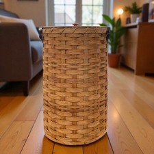 Amish Round Laundry Hamper Small Size With Lid Solid Oak Bottom Leather Handles