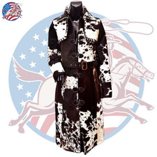 Mens Brown Hair On Hide Leather Trench Coat Long Western Cowboy Ranch Jacket