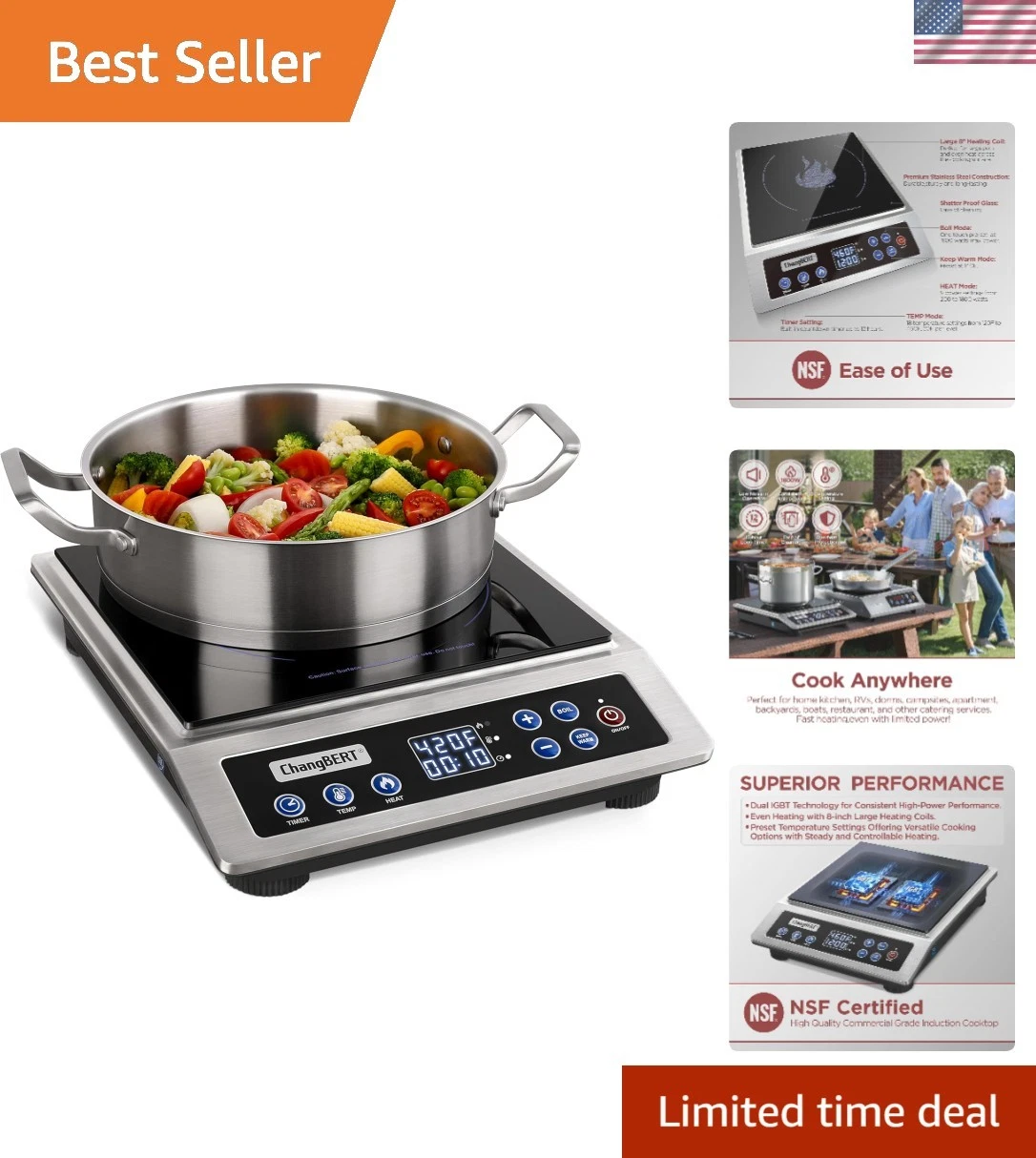 Durable Stainless Steel Induction Cooktop, 1800W Max, Easy to Clean Surface