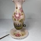 VTG Pink Hurricane Lamp Hand Paint Roses Milk Glass Works 11” Scalloped Hobnail