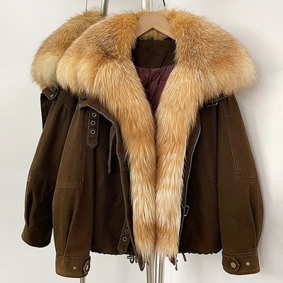 New Raccoon Fur Collar Leather Coat Women Short White Duck Down Parka Down Coat