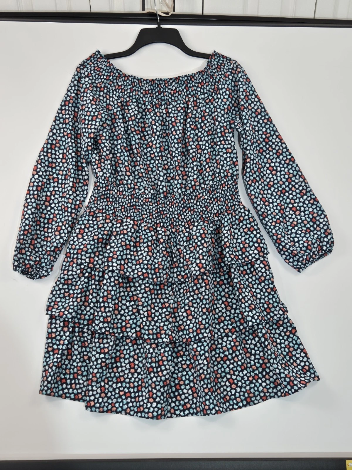 Abito donna Michael Kors taglia L floreale spalle scoperte fumè a strati con volant (63)