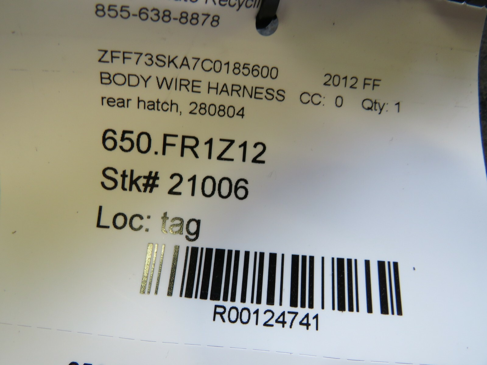 Ferrari FF, Rear Hatch Wire Harness, Used, P/N 280804