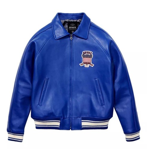 Men's Avirex Real Bomber American Flight Jacket Blue Lamb Leather Jacket - Picture 2 of 3