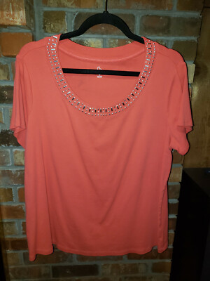 db-2X- Dark Orange, Short Sleeve, Beaded Scoop Neck Top