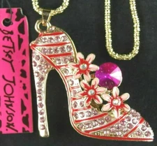 2" 3D NWT BETSEY JOHNSON SEXY PINK RHINESTONE FLORAL HIGH HEEL FMP SHOE NECKLACE