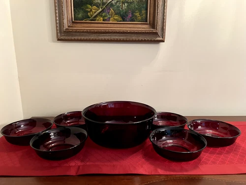 Arcoroc France Classique Ruby Red 8.75" Salad/ Mixing Bowl & 6=Side 5.75" Bowls
