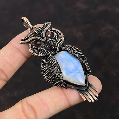 Gift For Women Jewelry Wire Wrapped Owl Pendant Copper Rainbow Moonstone 3.35''