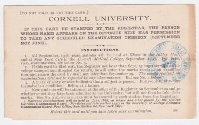 1908 Cornell University Examination Card Stamped Authorized Collegiate Ephemera