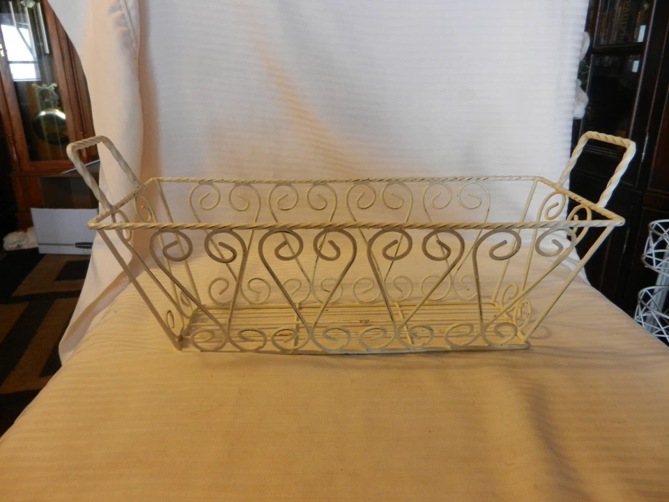 Decorative White Metal Rectangular Basket With Handles, Wire Design - Image 3 of 4