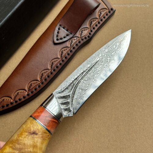 Coltello da caccia artigianale Damasco Vg10 sopravvivenza lama fissa con fodero in pelle - Foto 14 di 18