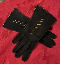 NWT Vintage Black kid leather Gloves with Gold Metallic Trim Size 7